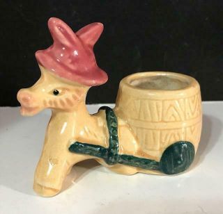 Cute Little Donkey Burro Ceramic Toothpick Holder Pulling Barrel Cart Vintage