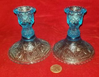 Vintage Set Of 2 Blue Depression Glass Candle Stick Holders 4.  5 " Tx4.  25 " W Base