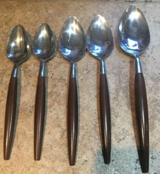 Vintage Mid Century American Tempo Stainless Wood Handle Japan 5 Spoons