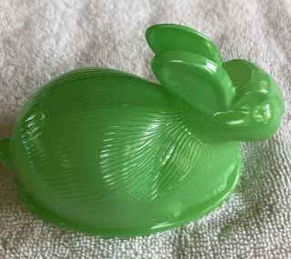 Vintage Bunny Rabbit Dish Green Glass Covered on a Nest 2 Piece Trinket Candy 3