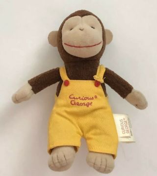 Vintage Curious George Mini Plush 5.  5” Yellow Bib Overalls 90s Stuffed Monkey