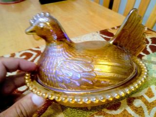 Vintage Indiana Amber Glass Hen On A Nest Chicken Covered Dish Lid Beaded 7 "