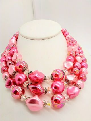 Vintage Fabulous 1950s Pink Aurora Borealis Pearlescent Bead 3 Strand Necklace