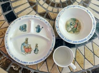 3 Piece Set Melamine Peter Rabbit And Friends Divided Plate Bowl Cup Vintage