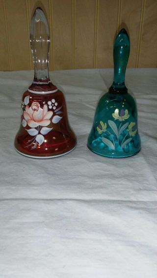 2 Vintage Fenton Hand Painted Red / Blue Floral Bells Signed
