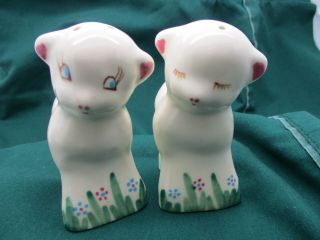 Vintage Estate Set Lamb Sheep Figurine Salt Pepper Shakers Pottery Porcelain