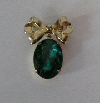 Vintage Signed Coro Large Green Rhinestone Bow Gold Tone Brooch Pin