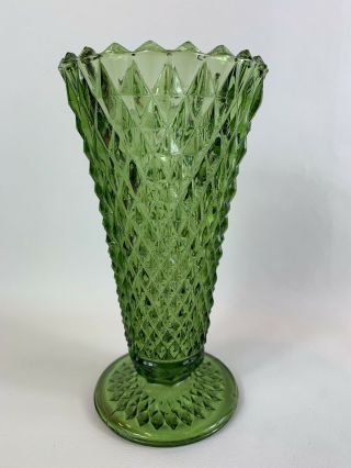 Vintage Indiana Glass Diamond Point Green Footed Vase