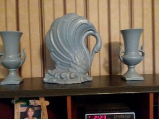 Vintage Haeger Arts And Crafts Pottery Blue 2 Vases And 1 Swan Flower Vase