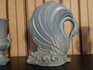 Vintage Haeger Arts and Crafts Pottery Blue 2 vases and 1 swan flower vase 2