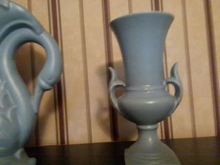 Vintage Haeger Arts and Crafts Pottery Blue 2 vases and 1 swan flower vase 4