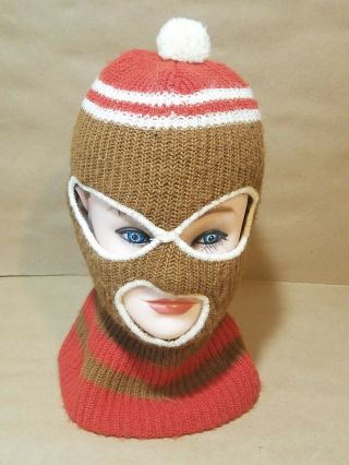 Vintage Ski Mask Robber Full Face 3 Hole Knit Hat Pom