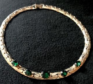 Vintage Necklace Green Rhinestone Gold Tone Metal Costume Jewelry Choker