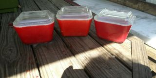 3 Vintage Pyrex Red Refrigerator Dishes Small 501 With Glass Lid
