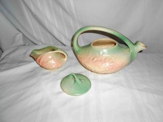 Vtg Mccoy Pottery Tea Pot Pink Green Daisy Pattern Teapot With Creamer Pitcher