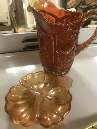 Vintage Carnival Glass Pitcher And Snack Dish