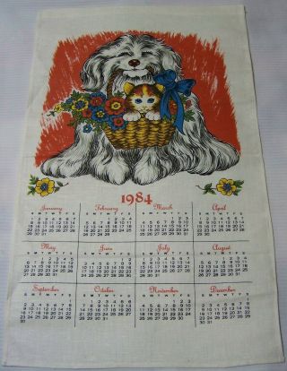 1984 Linen Calendar Kitchen Tea Towel Puppy Dog Kitty Cat In Basket Vintage