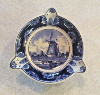 Vintage Holland Delft Blue Hand Painted Windmill Triangular Shaped Ashtray - Exc