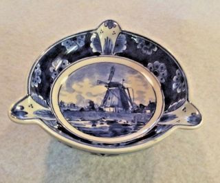 Vintage Holland Delft Blue Hand Painted Windmill triangular shaped Ashtray - EXC 3