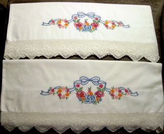 Vintage Floral Embroidered And Crocheted Edge Pillowcases