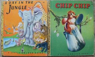 2 Vintage Little Golden Books A Day In The Jungle,  Chip Chip 42 Pages
