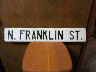 Antique N.  Franklin St Street Road Sign - Vintage Metal Black White Porcelain
