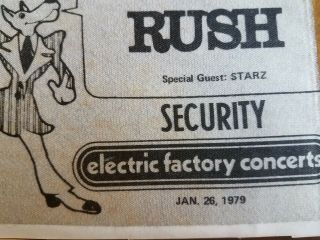 Rush / Starz Vintage 1979 Concert Tour Backstage Pass Security,  Electric Factory