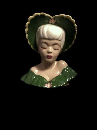 Vtg Lady Head Vase Green Hat Off Shoulder Dress