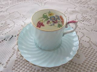 Aynsley Vintage Porcelain Demitasse Pastel Blue Floral Teacup And Saucer