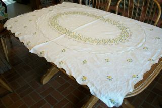 Vintage 48 " X 62 " Ivory Linen Table Cloth - Hand Embroidered Yellow Daisies