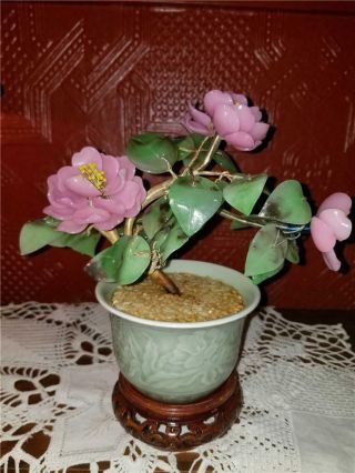 Vtg Asian Japanese Pink Glass Jade Bonsai Tree Flower Pot Sculpture Wood Stand