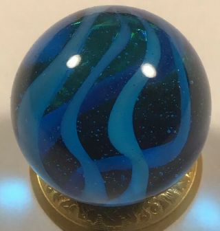 Vintage Gladding - Vitro Blue Glass Six Vane Caged Cats Eye Marble.  85 Inch,