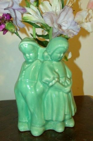Vintage Ceramic Dutch Boy & Girl Planter All Green 1930s Ish Vase Flower Pot