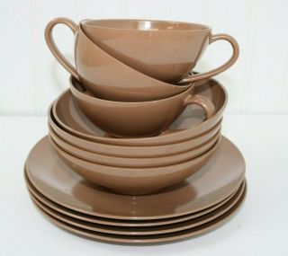 Vintage Mid - Century Texas - Ware Brown 4 Plates,  4 Bowls And 3 Cups
