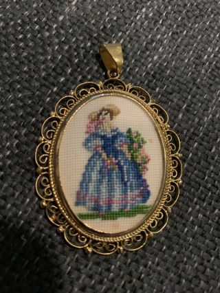 Vintage Embroidered Pendant In Gold Tone Filagree Frame Victorian Woman Southern