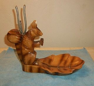 Vintage Hand Carved Wooden Squirrel Nut Bowl With Pick And Cracker Folk Art