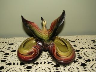 Vintage Flying Duck Candy Dish Hull Pottery 79 Green & Burgandy Stunning