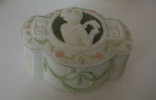 Vintage Jasperware Pale Pink & Green Trinket Box Elegant Lady With Bowl