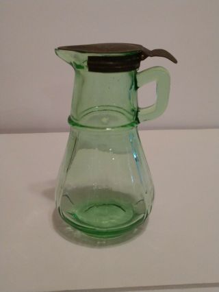Vintage Hazel - Atlas Green Depression Glass Syrup & Metal Lid - 6 ".