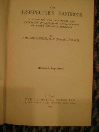 THE PROSPECTOR ' S HANDBOOK by J.  W.  Anderson 1935 12TH EDITION 2