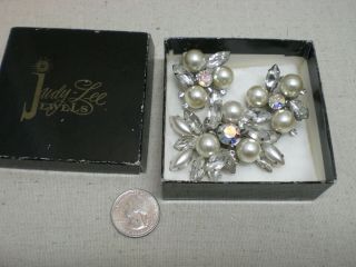 Judy Lee Vintage Brooch And Earing Set,  Pearl And Rhinestone