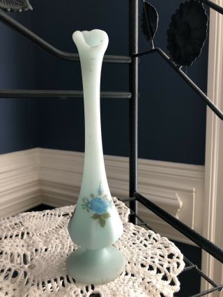 Authentic Fenton Glass Satin Blue Bud Vase Handpainted 9 " Vintage Collectable