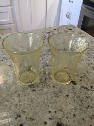 2 Vintage Hazel Atlas Depression Glass Yellow Florentine 4 1/8” Tumblers Glasses