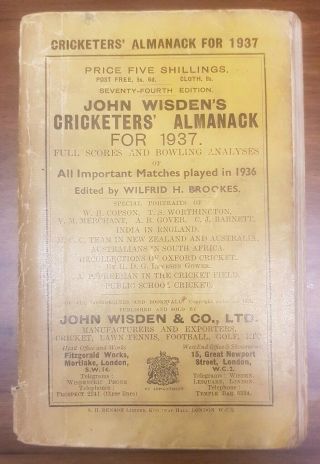 1937 Wisden Cricket Almanack Paper Cover