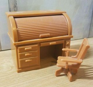 Vintage Fisher Price Dollhouse Furniture Desk Swivel Chair And Roll Top Desk