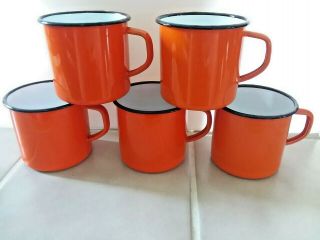 Vintage Orange Enamelware Enamel Mug Cup 10 Ounces Set Of 5