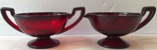 Vintage Dark Ruby Red Clear Glass Creamer And 2 Handled Open Sugar Set