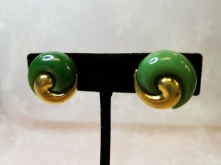 Vintage Trifari Faux Jade Clip On Earrings Gold Tone Scb876
