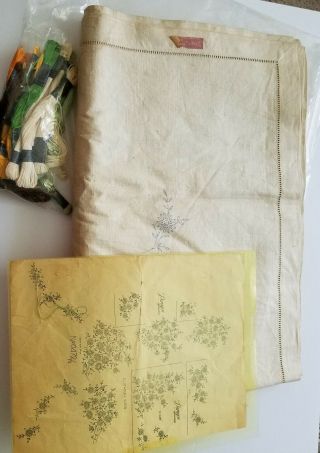 Vtg Unfinished Linen Hemstitched Stamped Embroidery Tablecloth Kit 70 " X 90 "