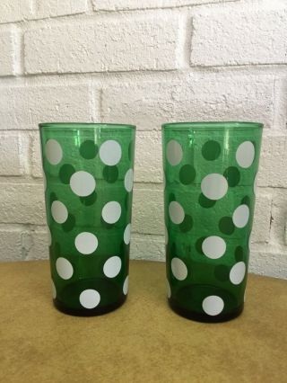2 Vintage Fire King Ah Forest Green & White Polka Dot Glass Tumblers